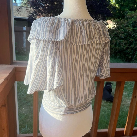 Free People FP blue white striped blouse cottagecore front tie bohemian - Picture 4 of 5